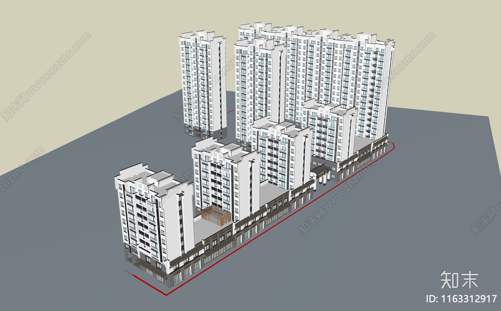 中式小区建筑SU模型下载【ID:1163312917】