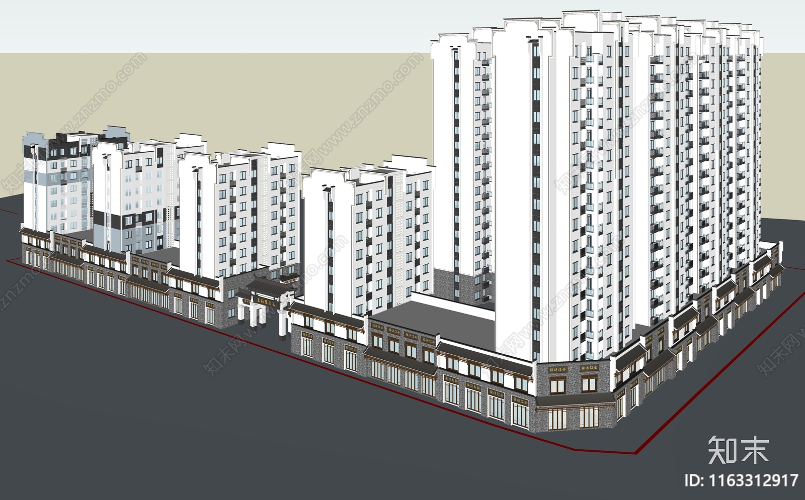 中式小区建筑SU模型下载【ID:1163312917】