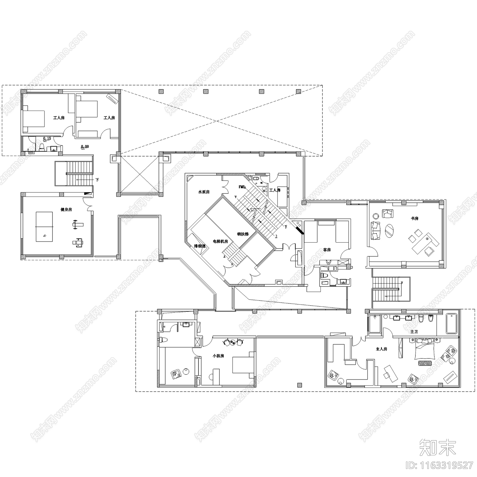 中式欧式混搭二层别墅室内家装cad施工图下载【ID:1163319527】