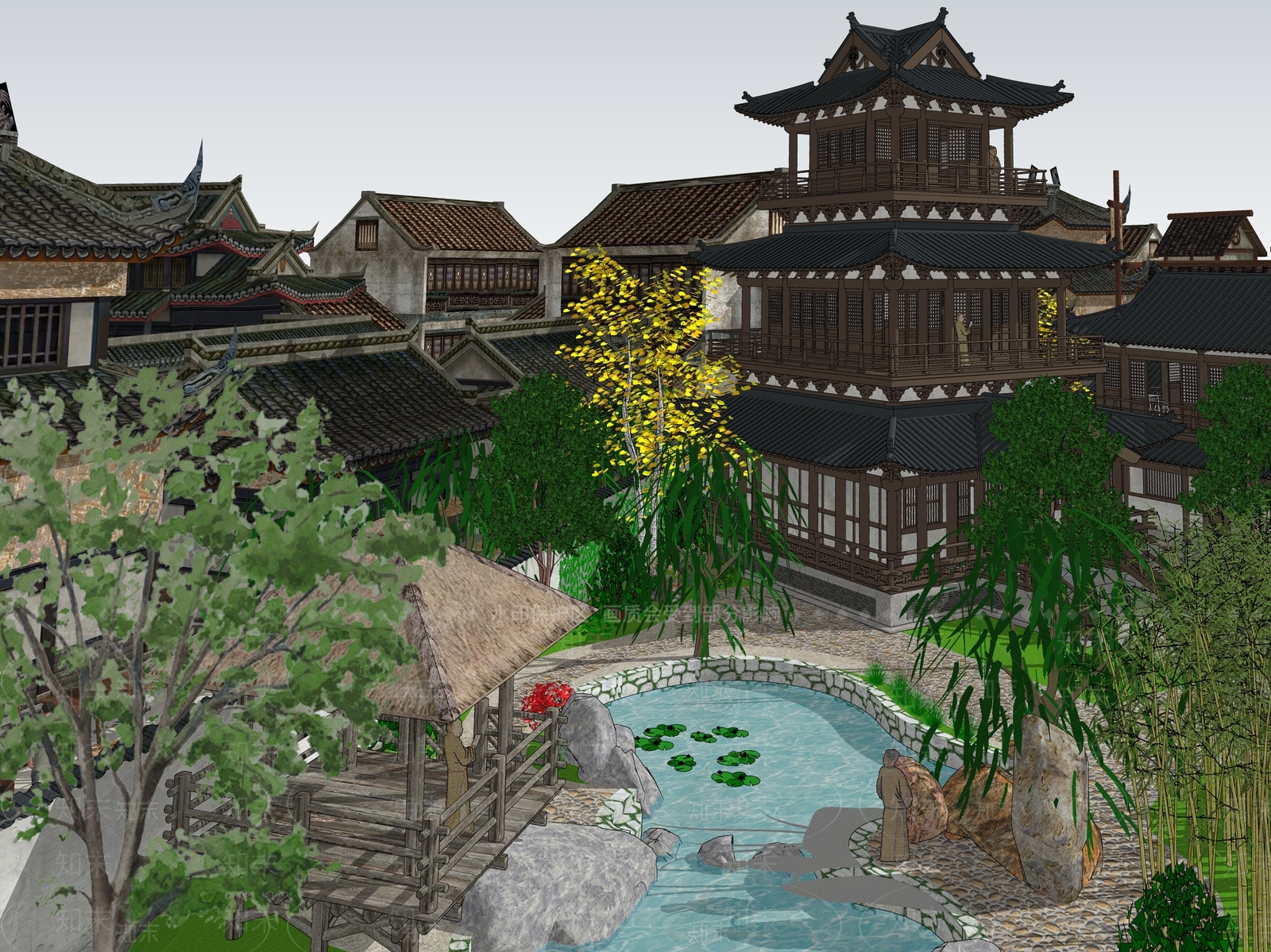 中式新中式古建筑SU模型下载【ID:1163331112】