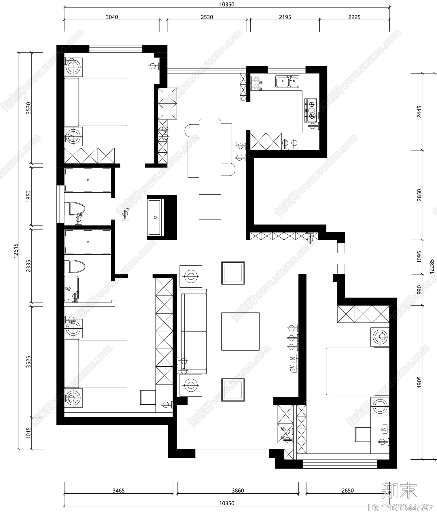 新中式整体家装空间cad施工图下载【ID:1163344597】