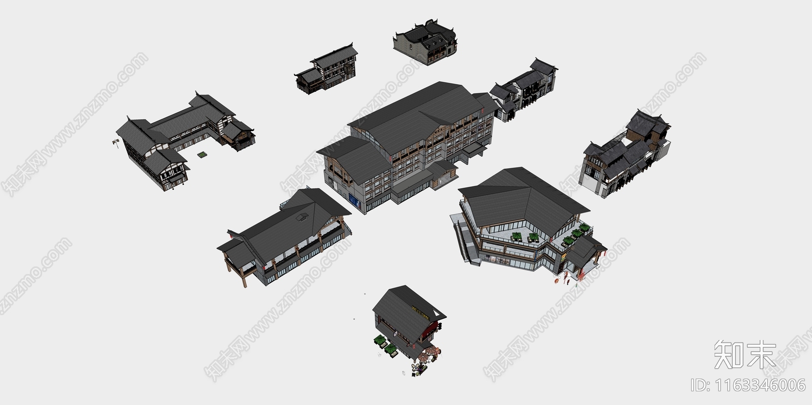 新中式中式商业街SU模型下载【ID:1163346006】