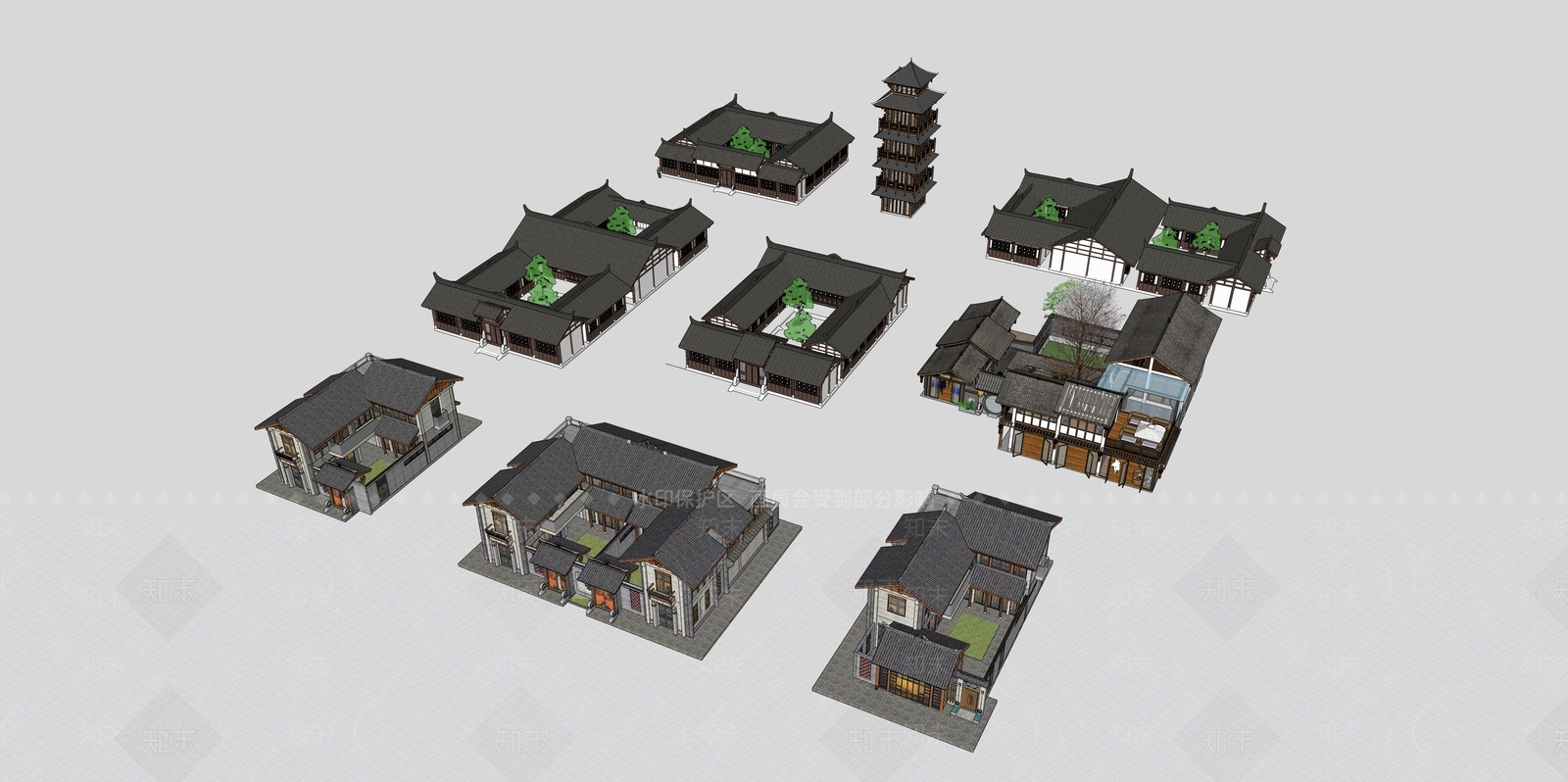 新中式中式民宿建筑SU模型下载【ID:1163351042】