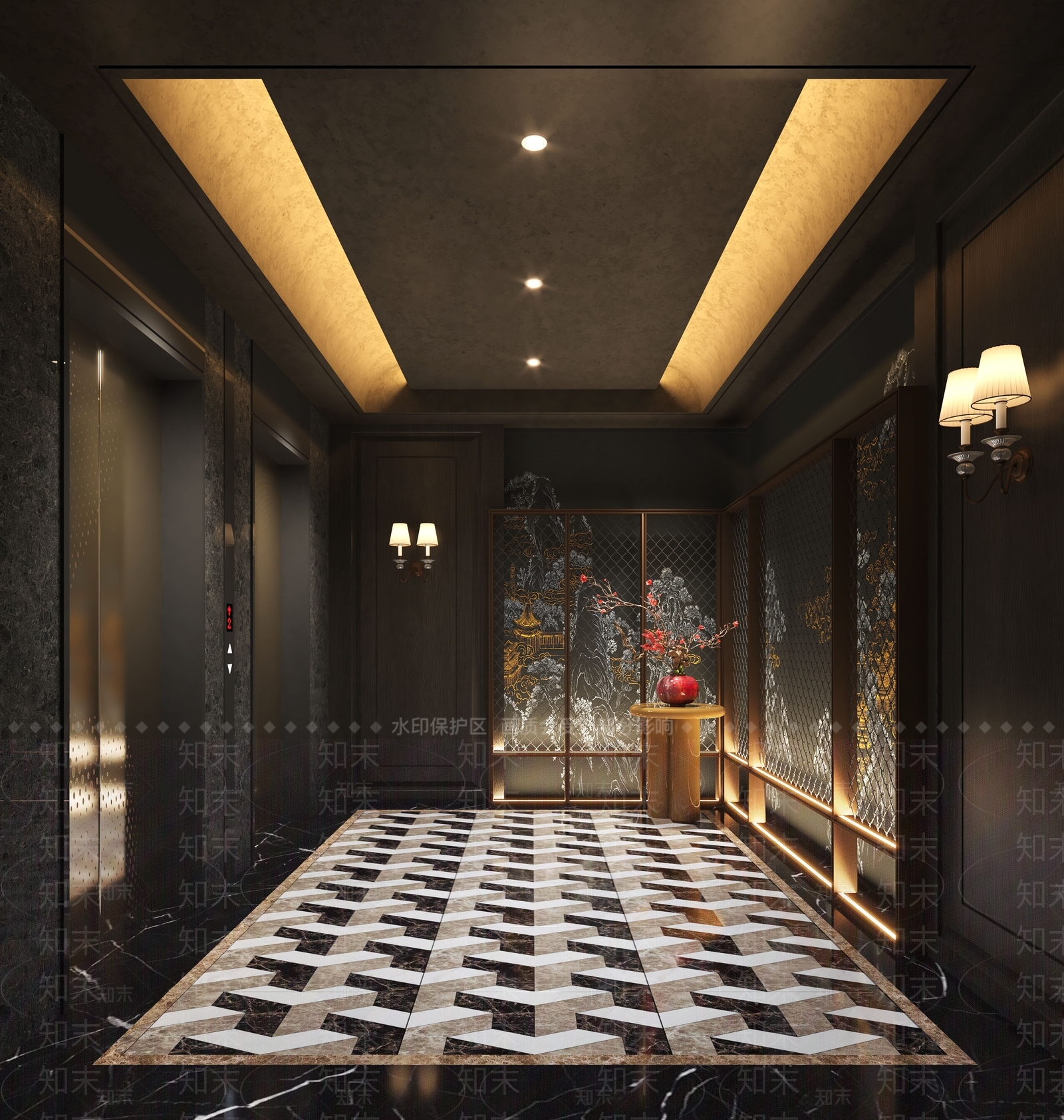新中式电梯厅SU模型下载【ID:1163604794】