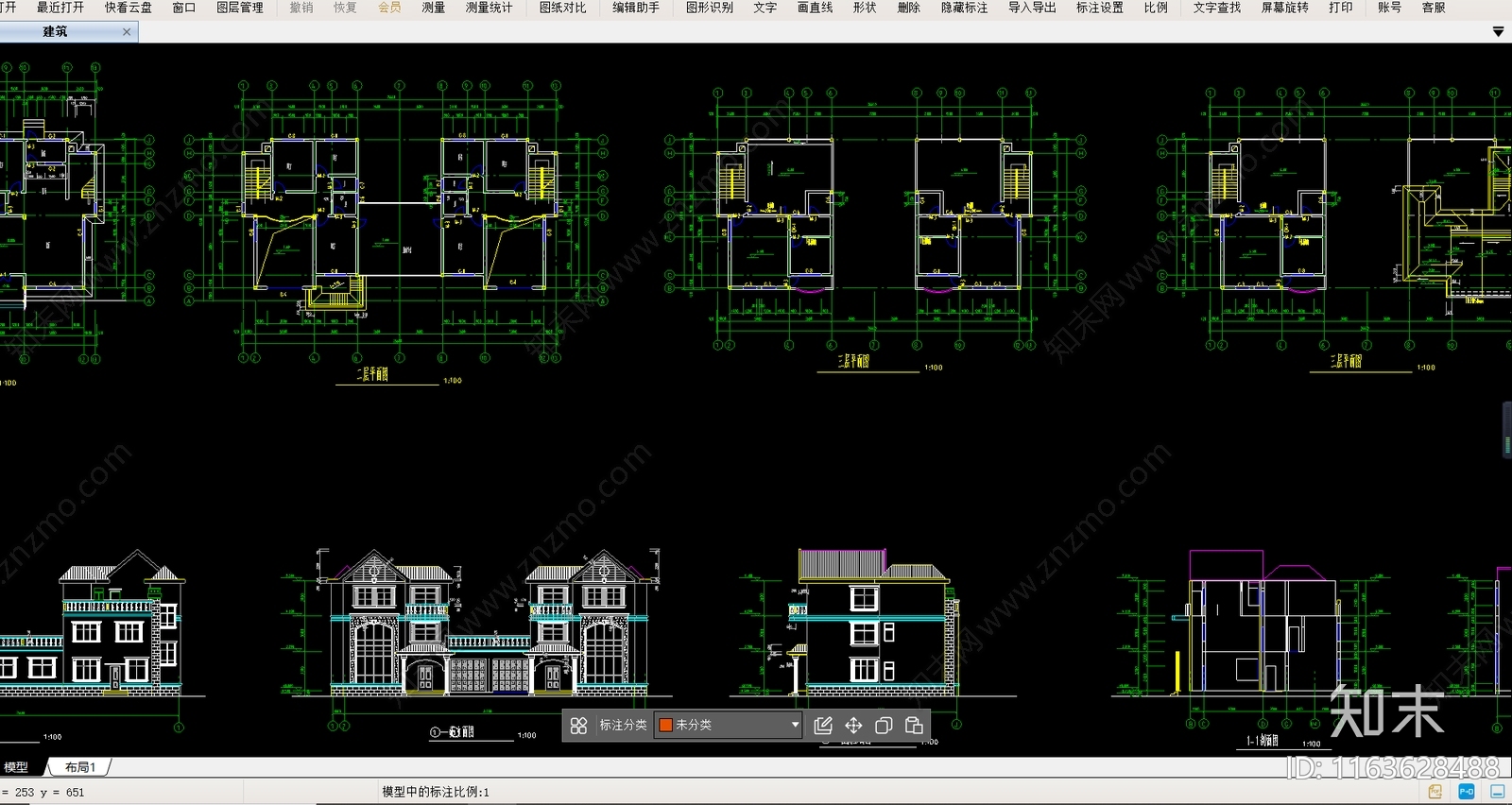 现代别墅建筑cad施工图下载【ID:1163628488】