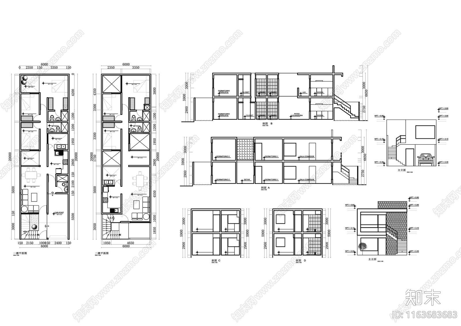 现代别墅建筑cad施工图下载【ID:1163683683】