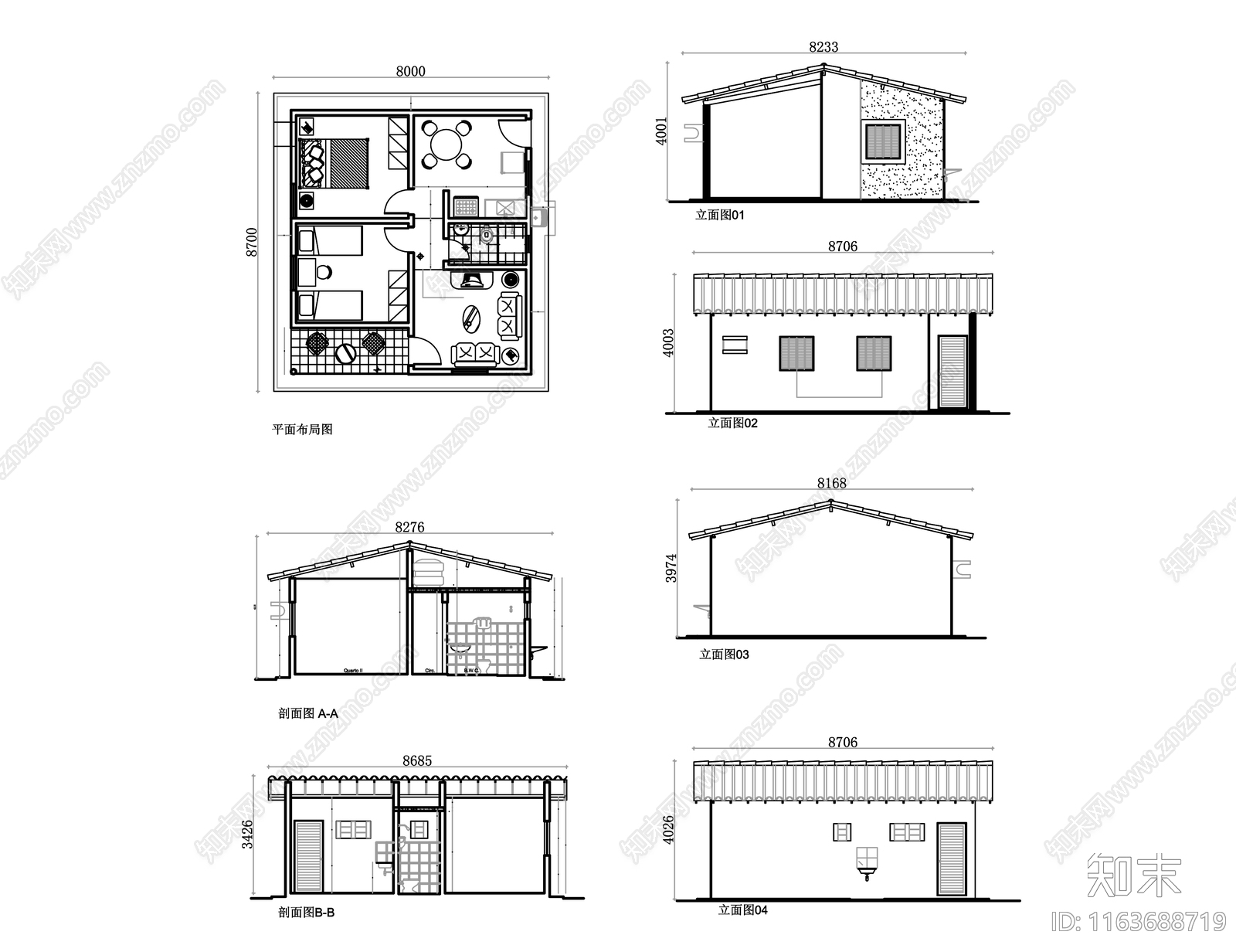 现代别墅建筑施工图下载【ID:1163688719】