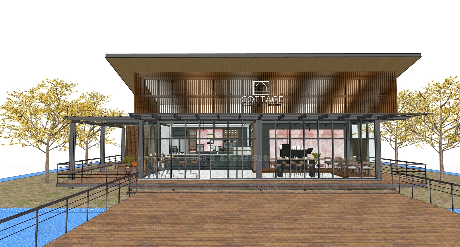 轻奢原木餐饮建筑SU模型下载【ID:1163694432】