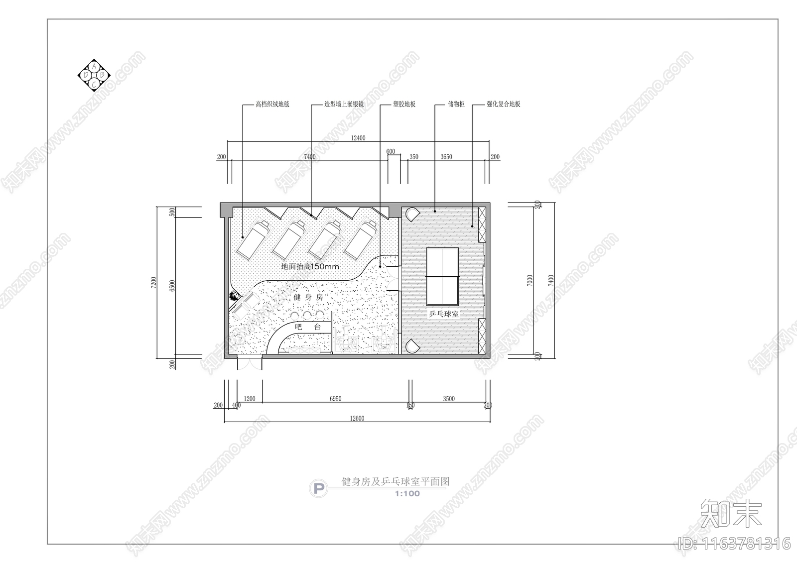 现代健身房cad施工图下载【ID:1163781316】