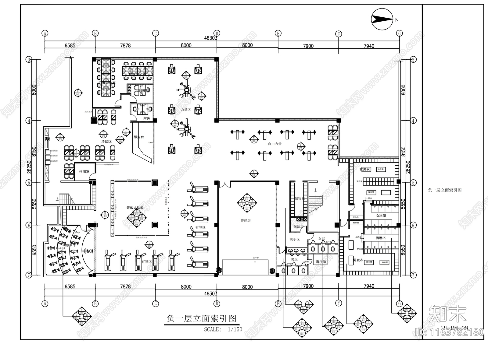 现代健身房cad施工图下载【ID:1163782180】