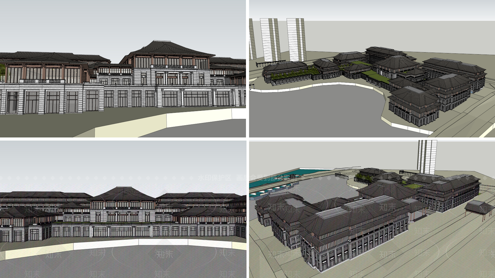 现代新中式酒店建筑SU模型下载【ID:1163794119】