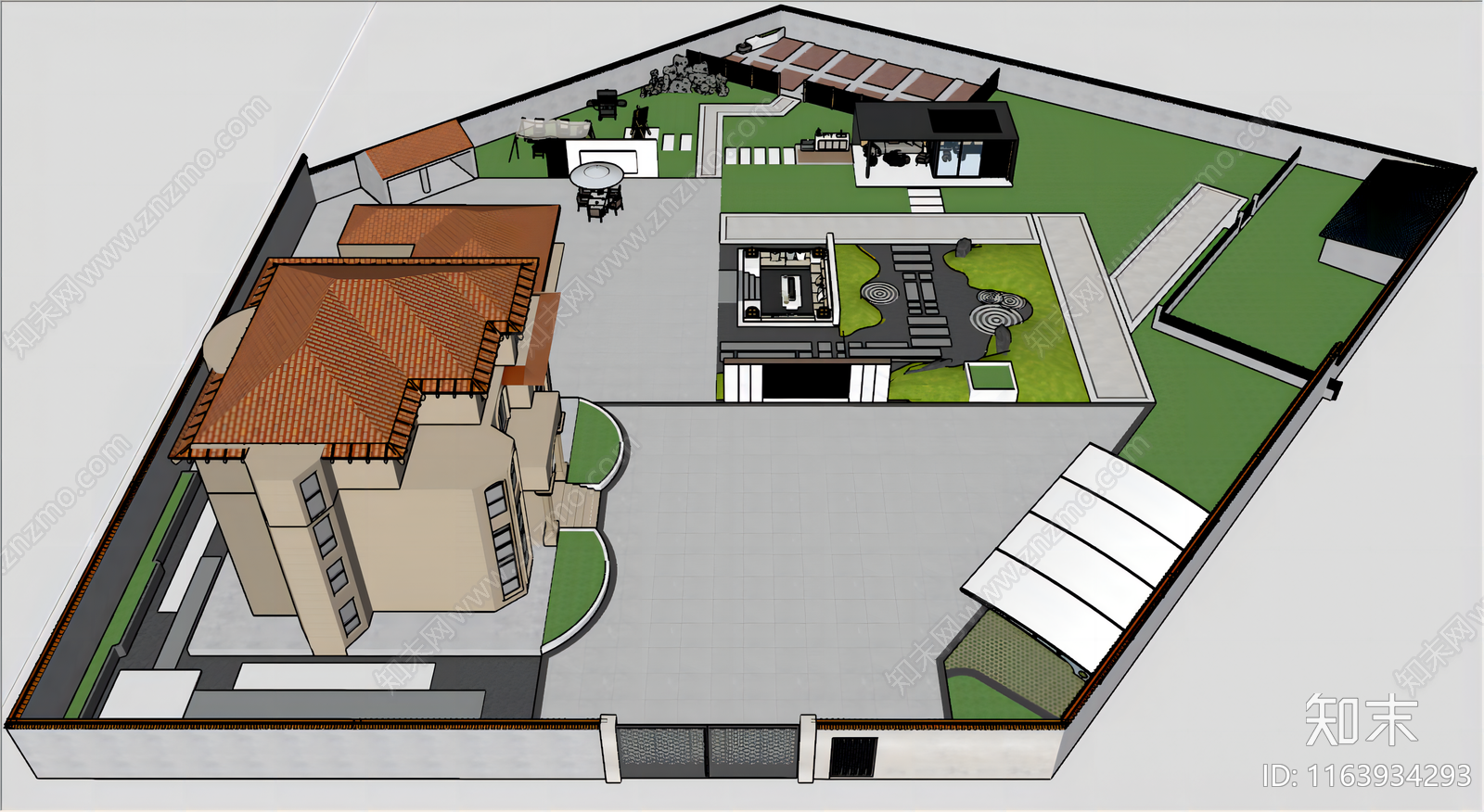 现代简约别墅庭院SU模型下载【ID:1163934293】