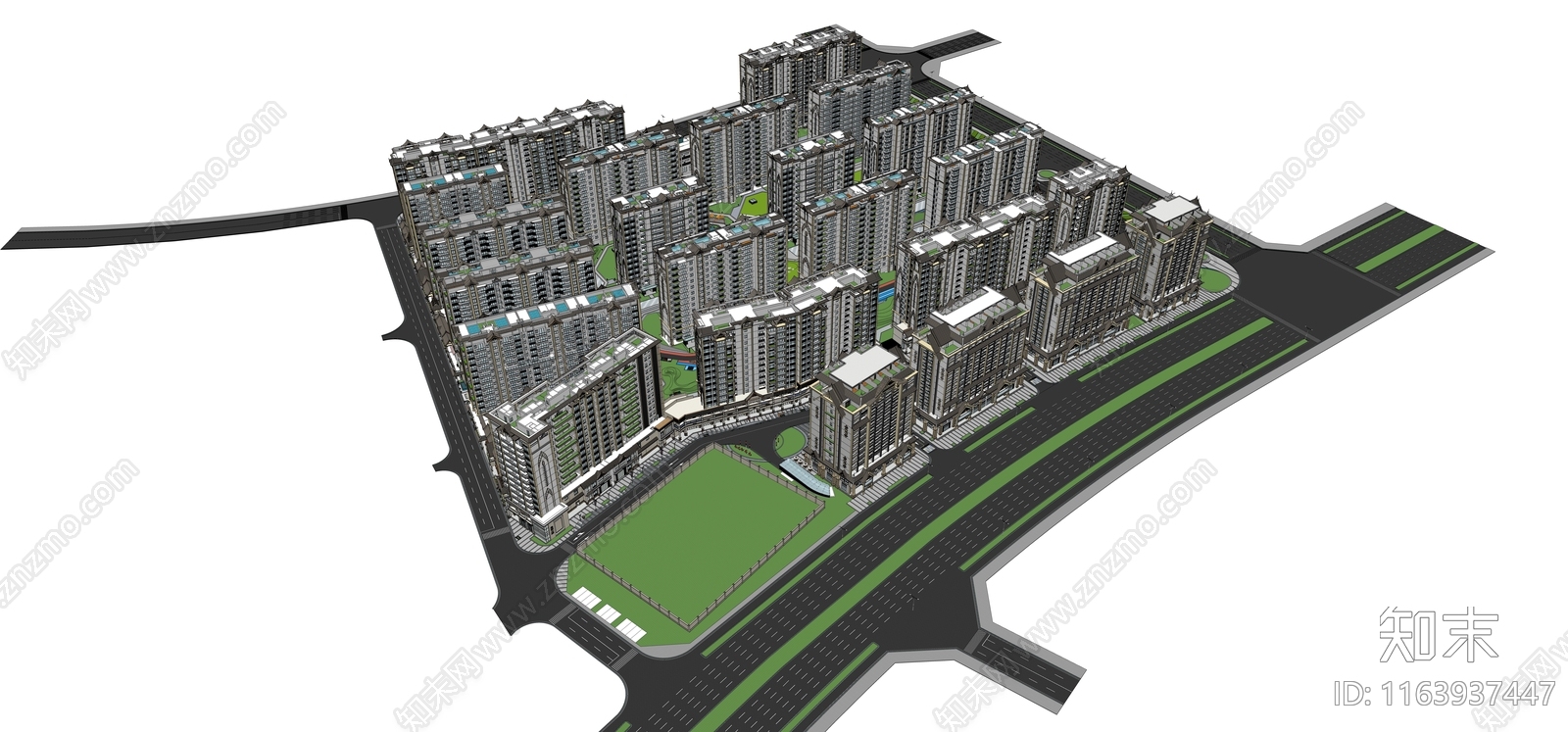 新中式现代高层住宅SU模型下载【ID:1163937447】