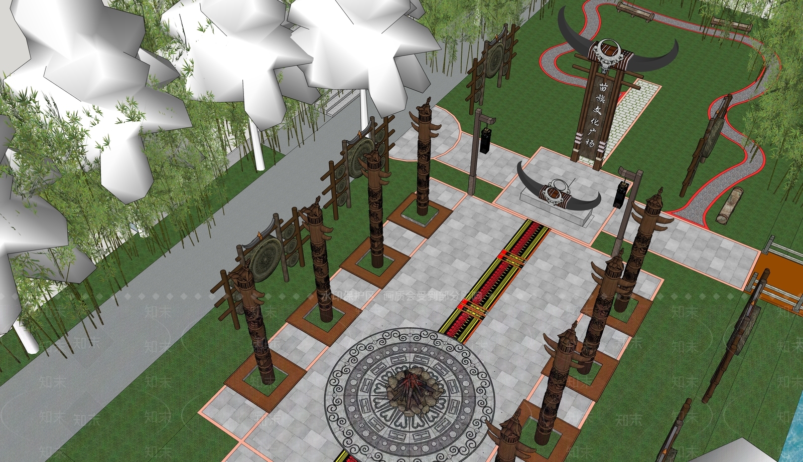 现代中式广场景观SU模型下载【ID:1164004412】