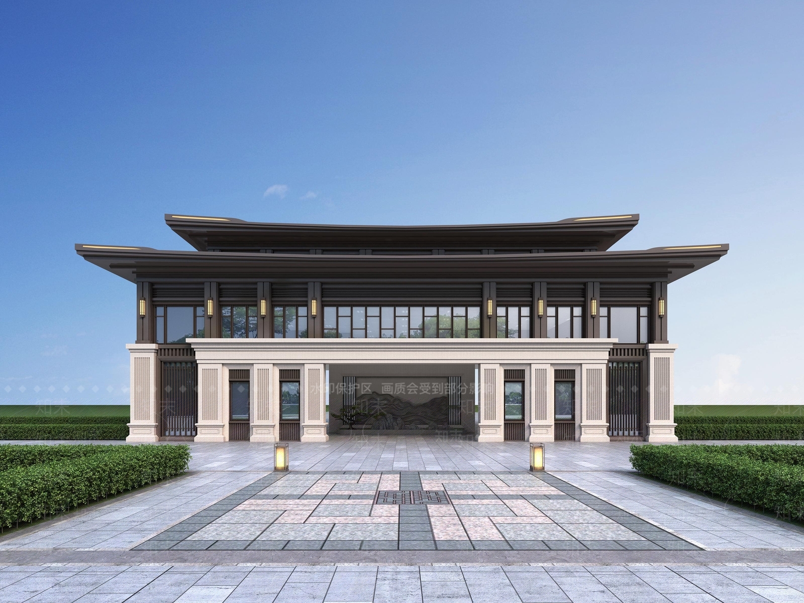 新中式售楼处外观3D模型下载【ID:1164043653】