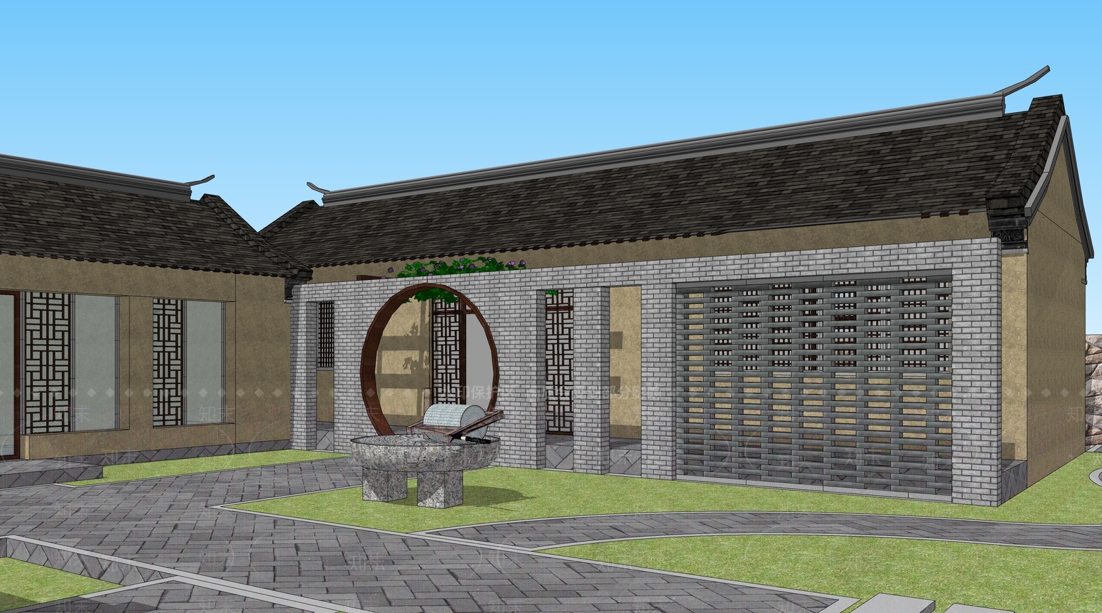 新中式中式民宿建筑SU模型下载【ID:1164045460】