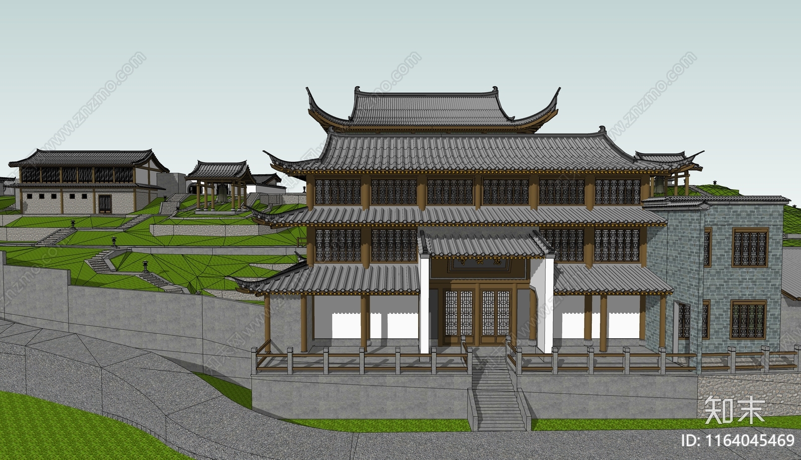 中式寺庙建筑SU模型下载【ID:1164045469】