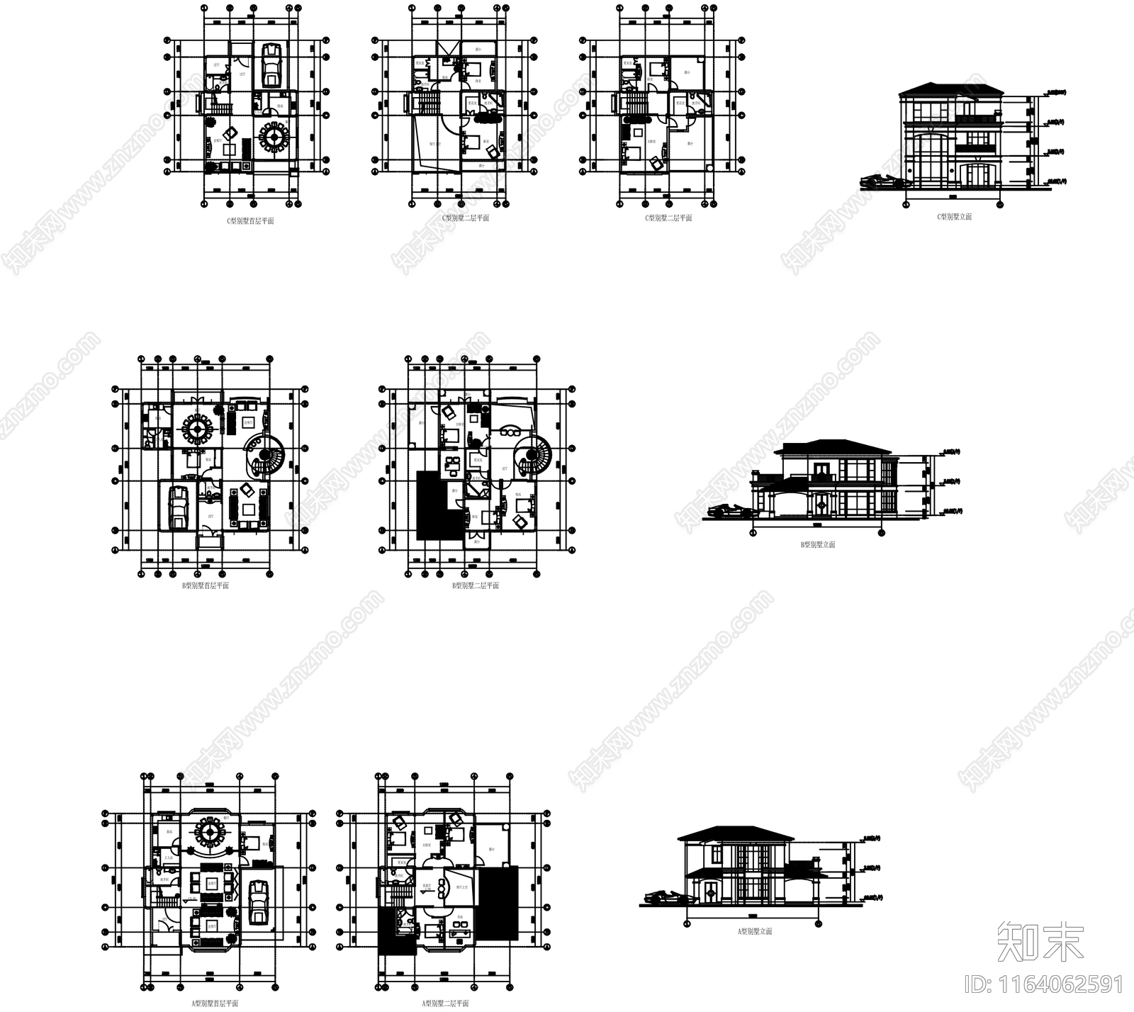 新中式中式别墅建筑施工图下载【ID:1164062591】