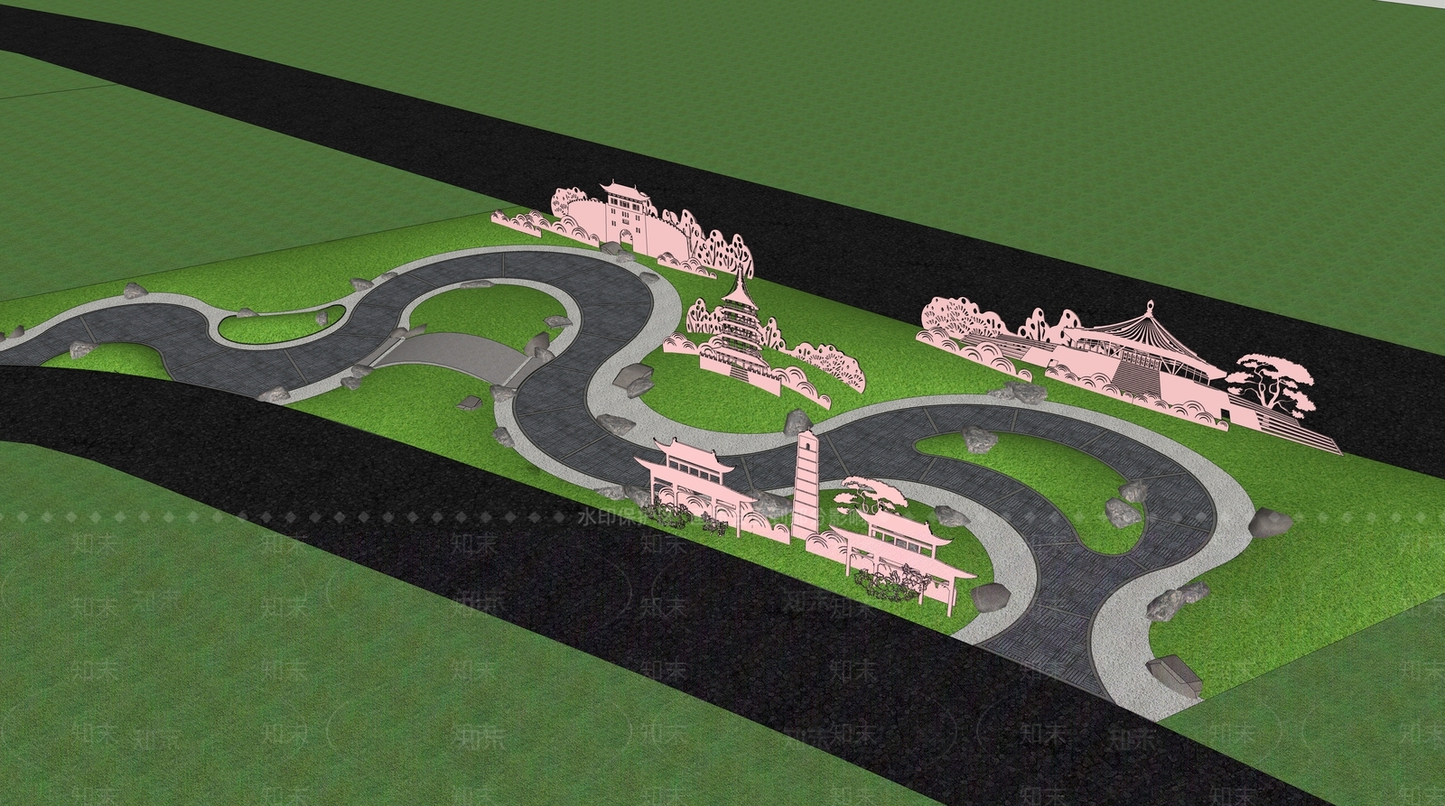新中式景观公园SU模型下载【ID:1164091729】