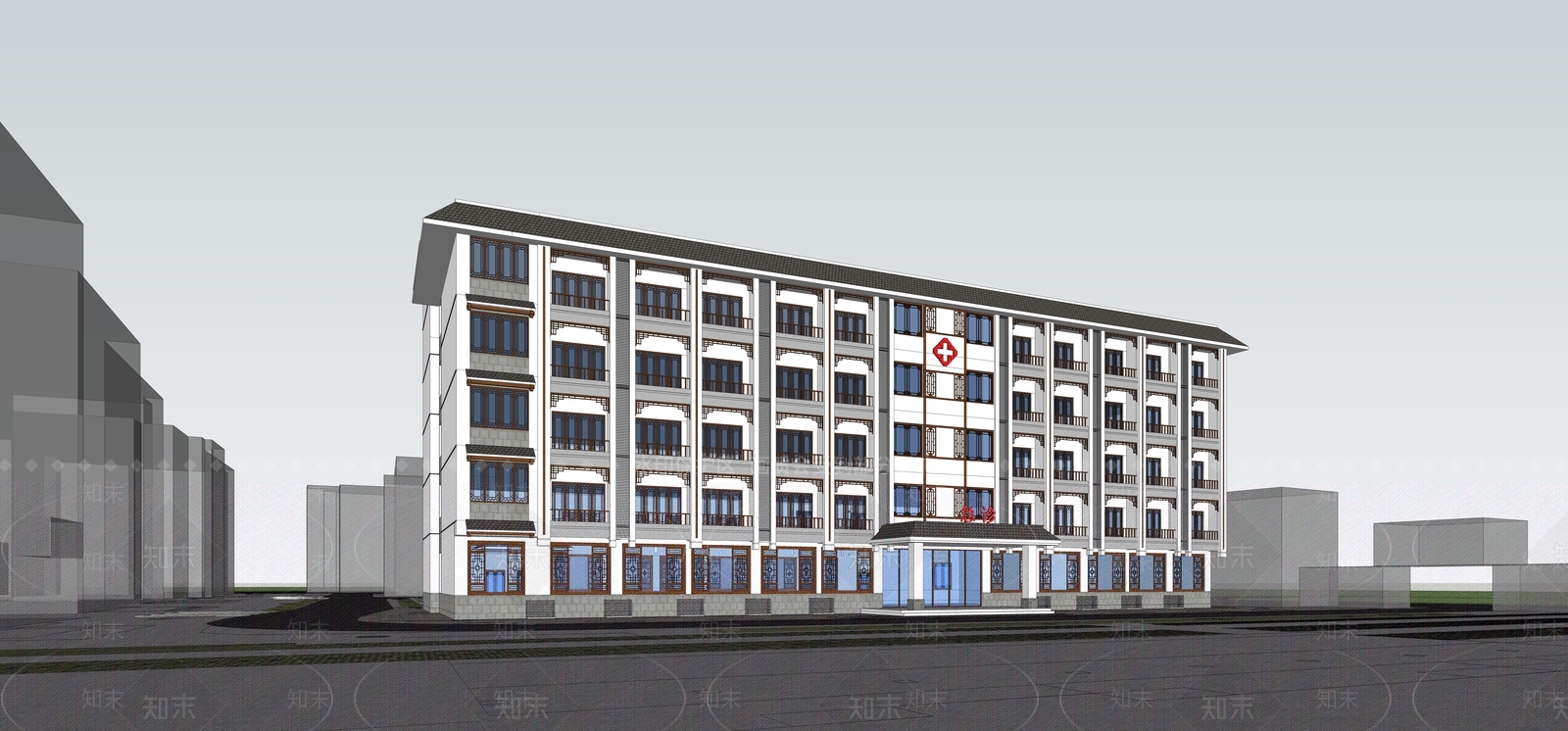 中式现代医院建筑SU模型下载【ID:1164095233】
