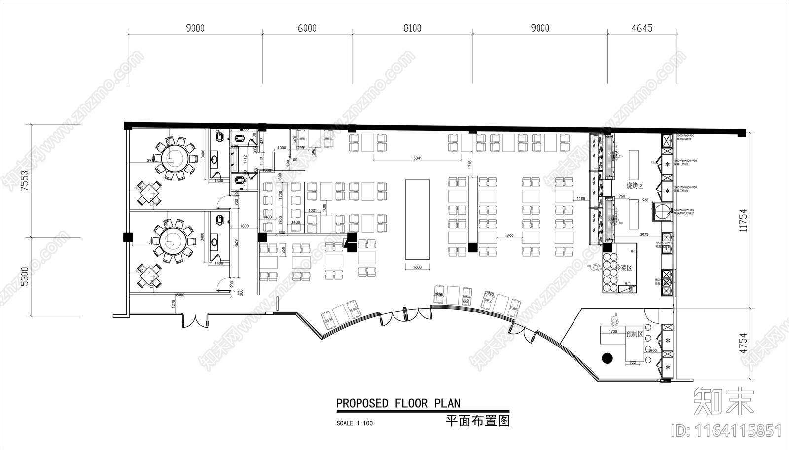 现代简约烤肉店cad施工图下载【ID:1164115851】