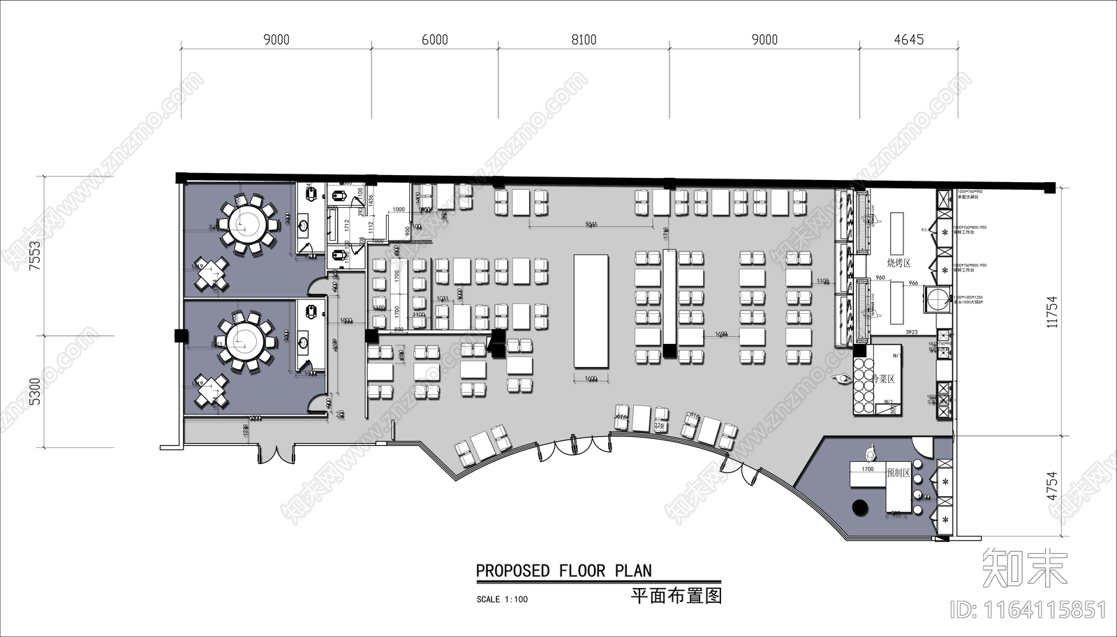 现代简约烤肉店cad施工图下载【ID:1164115851】