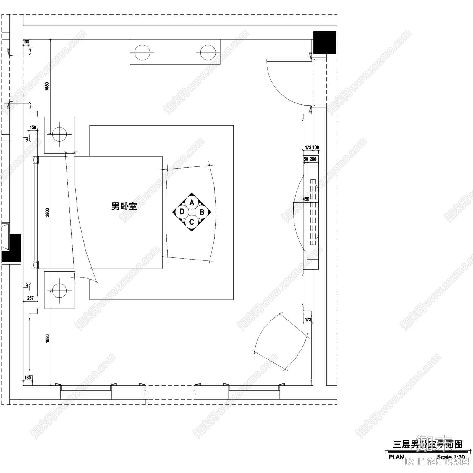 欧式卧室cad施工图下载【ID:1164119504】