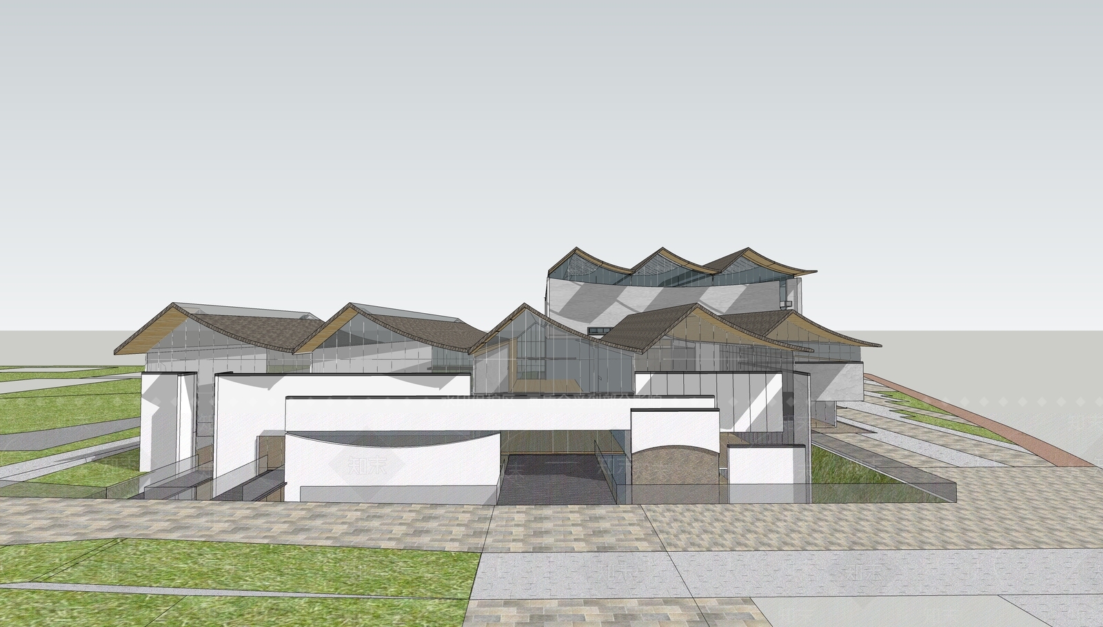 新中式禅意展览馆建筑SU模型下载【ID:1164128574】