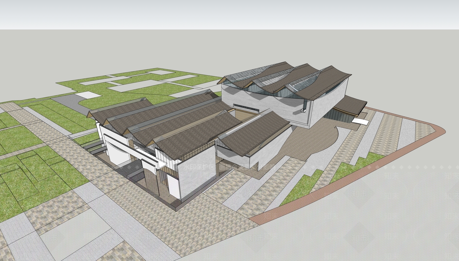 新中式禅意展览馆建筑SU模型下载【ID:1164128574】