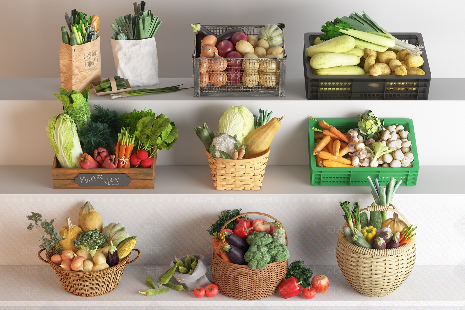 水果蔬菜组合3D模型下载【ID:1164140590】