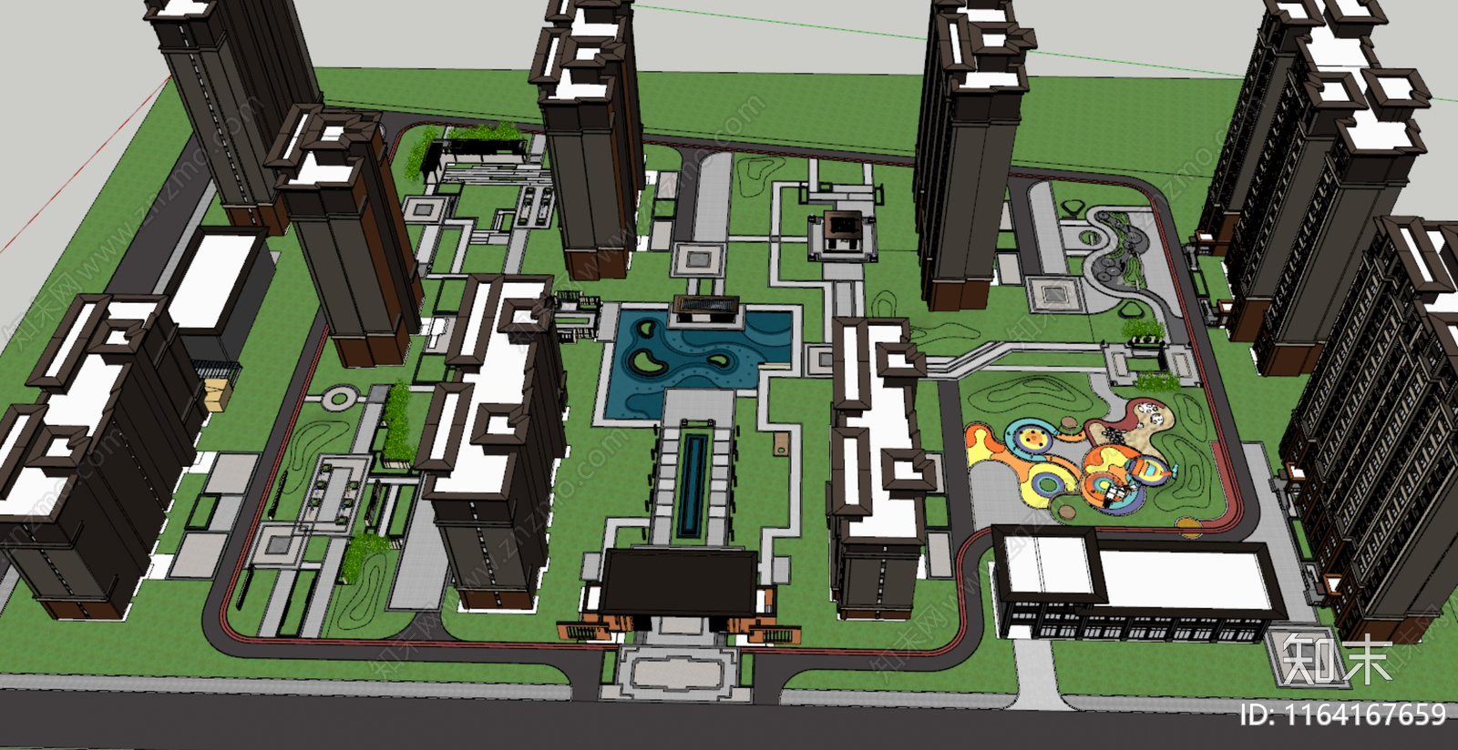 新中式现代小区景观SU模型下载【ID:1164167659】