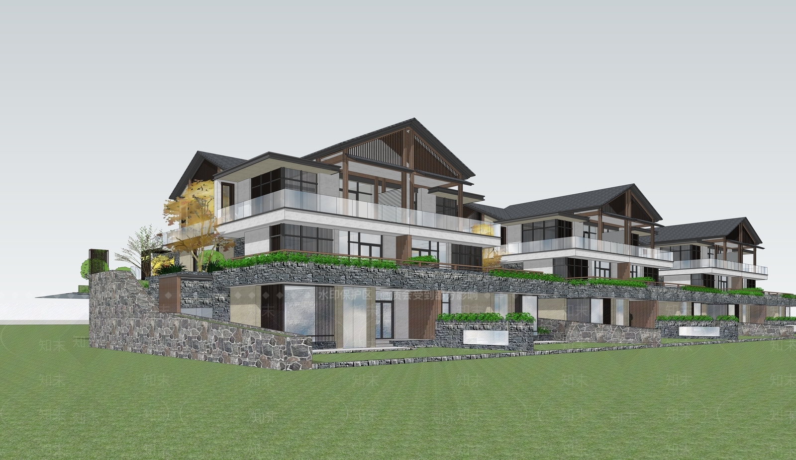 中式酒店建筑SU模型下载【ID:1164211046】