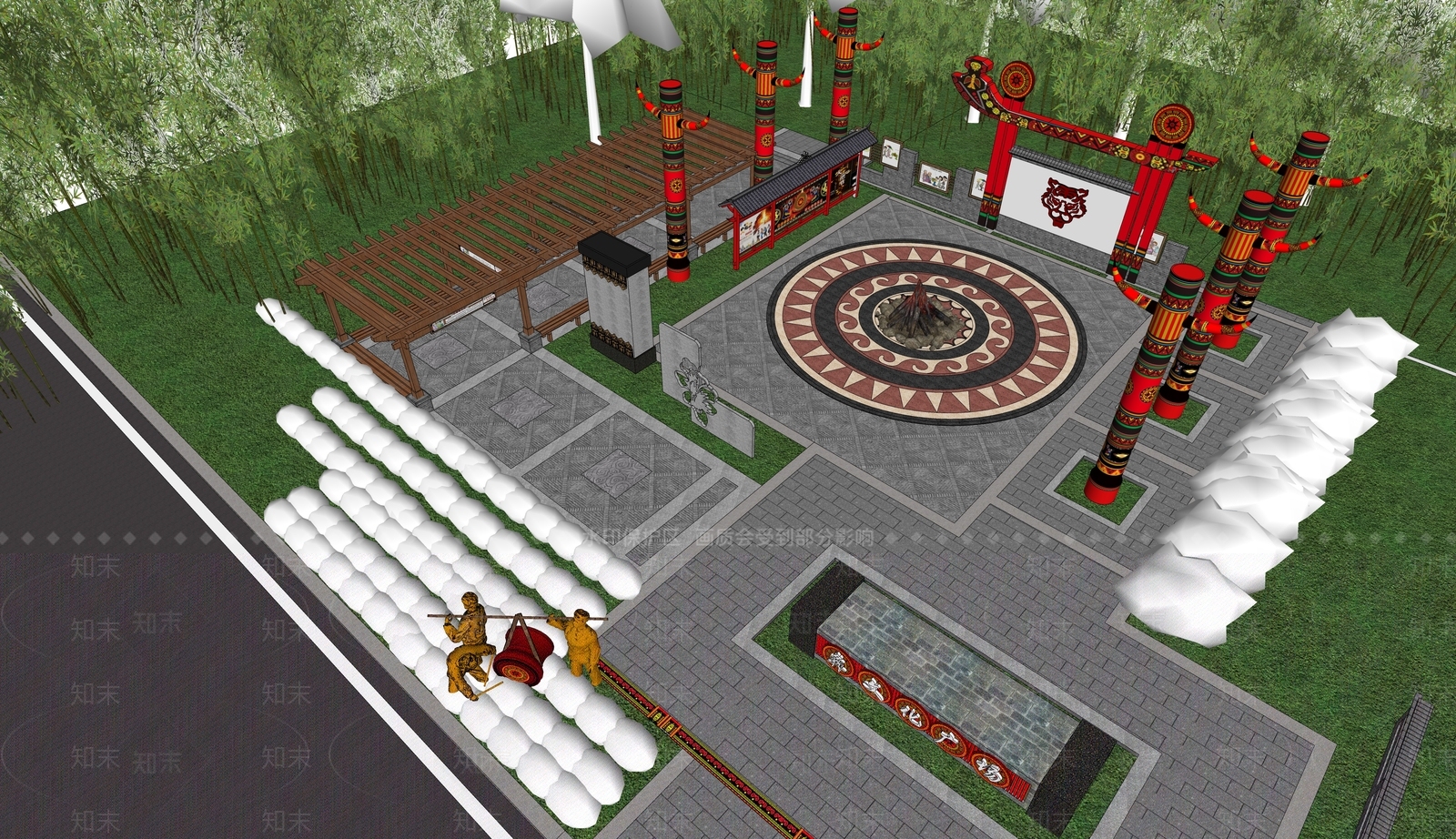 中式广场景观SU模型下载【ID:1164229905】