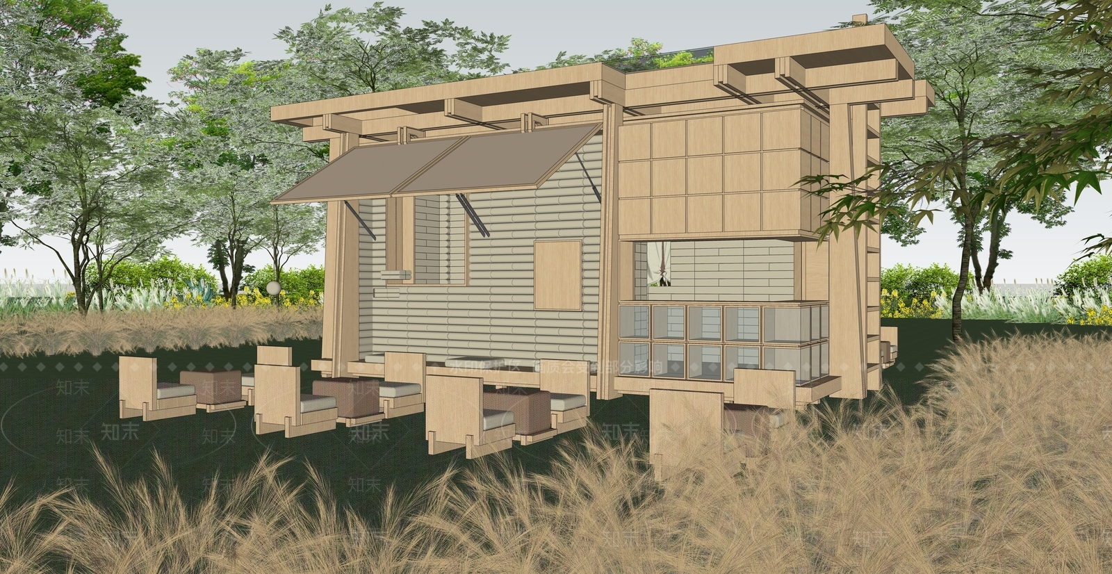 现代原木餐饮建筑SU模型下载【ID:1164243296】