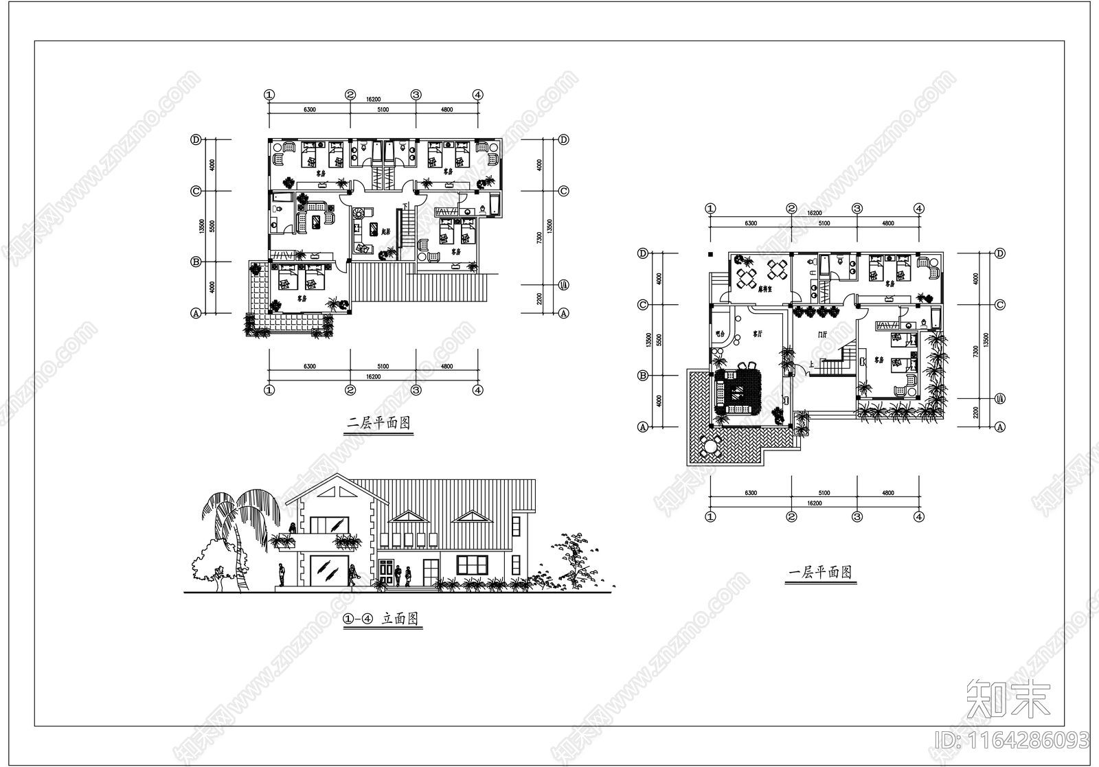 现代中式别墅建筑cad施工图下载【ID:1164286093】