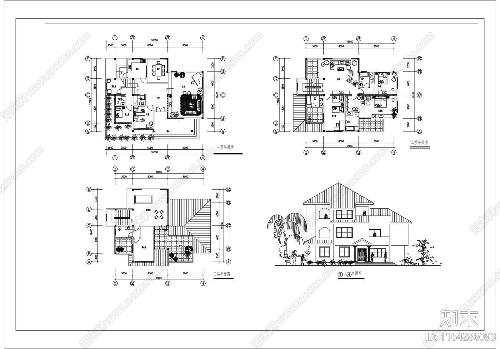 现代中式别墅建筑cad施工图下载【ID:1164286093】