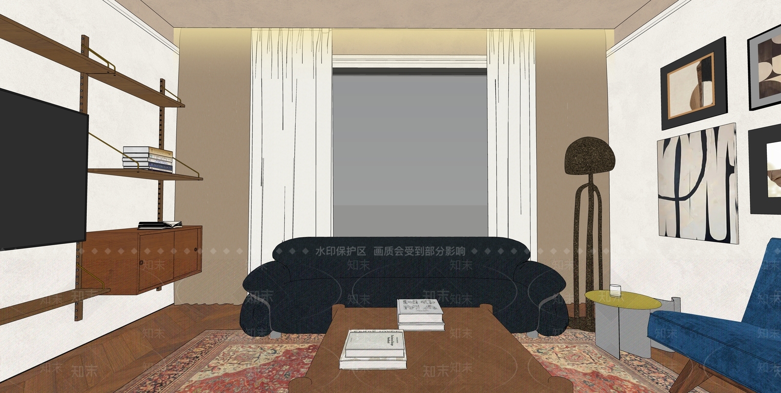 深蓝色三人沙发双人沙发SU模型下载【ID:1227464617】