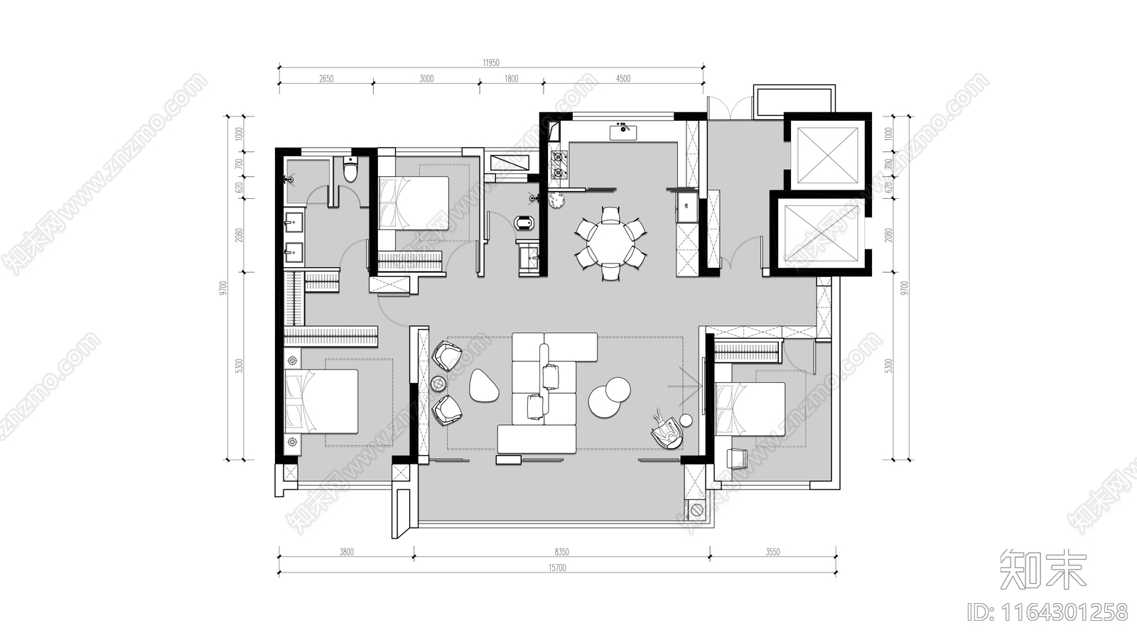 现代新中式整体家装空间cad施工图下载【ID:1164301258】