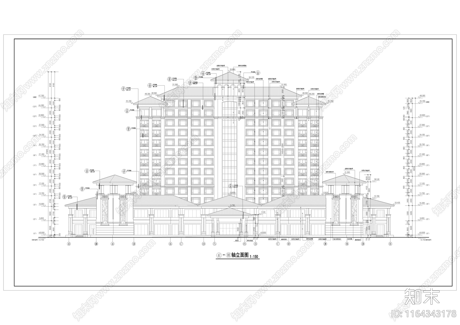 现代新中式酒店建筑施工图下载【ID:1164343178】