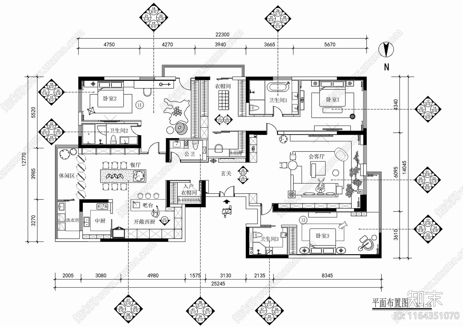 现代新中式整体家装空间cad施工图下载【ID:1164351070】