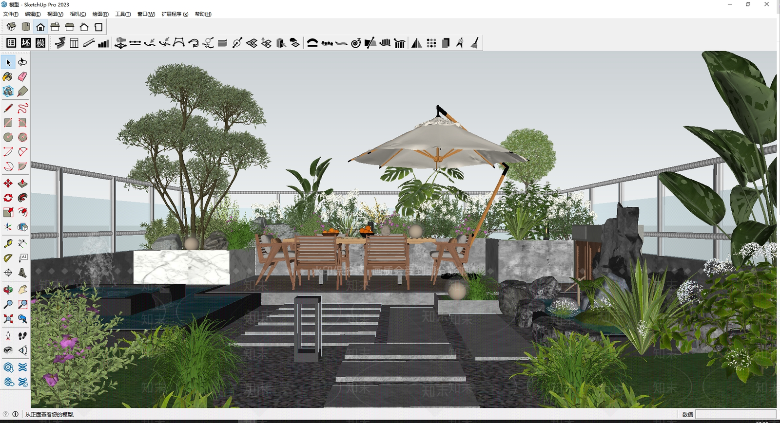 现代新中式屋顶花园SU模型下载【ID:1164669480】
