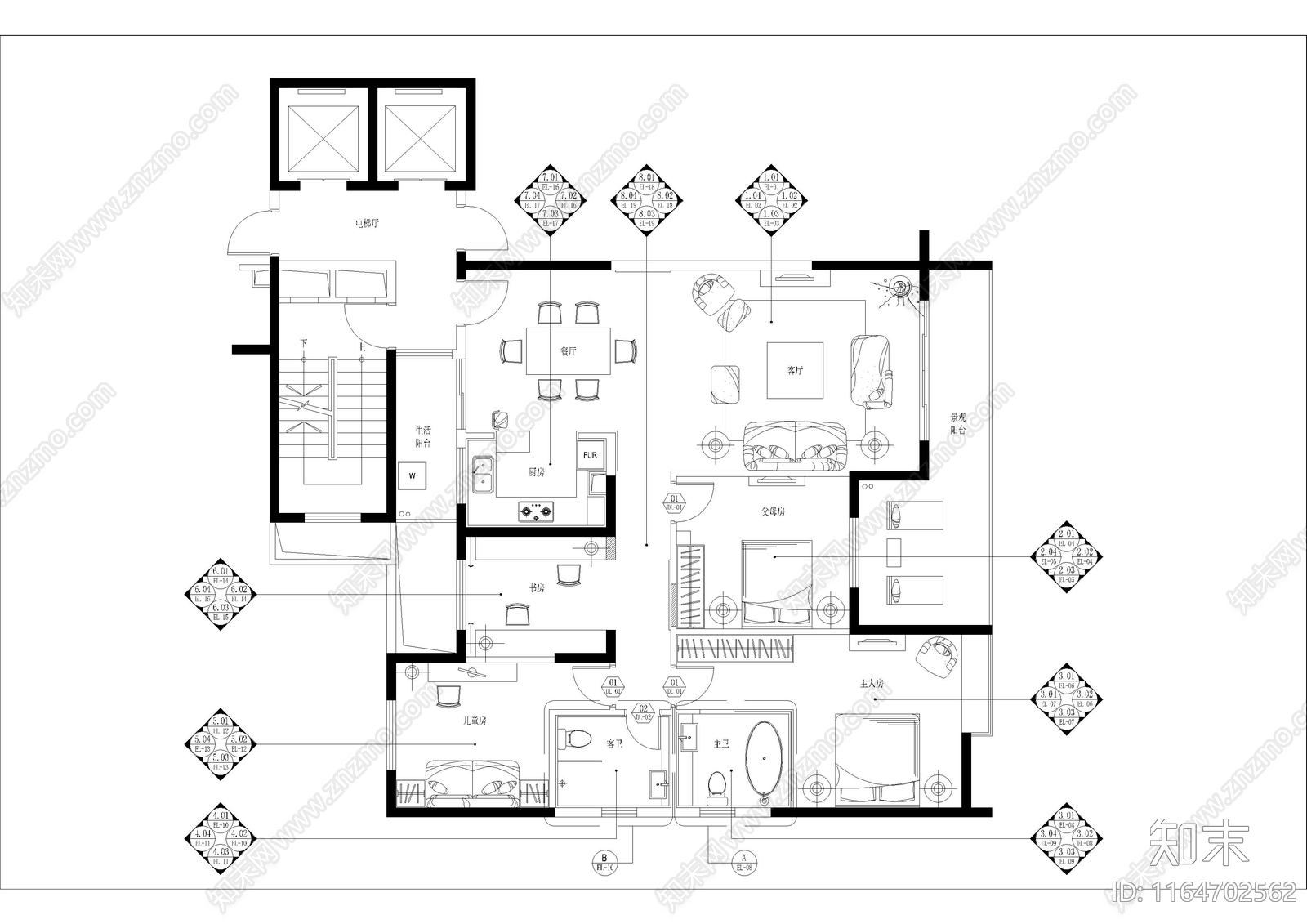 现代整体家装空间cad施工图下载【ID:1164702562】