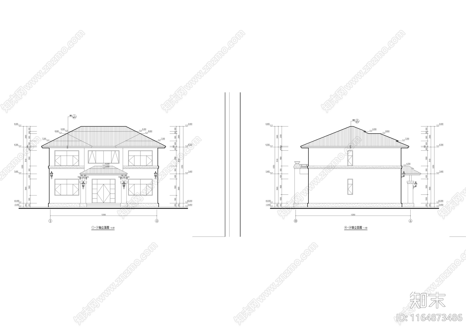 现代新中式别墅建筑cad施工图下载【ID:1164873486】