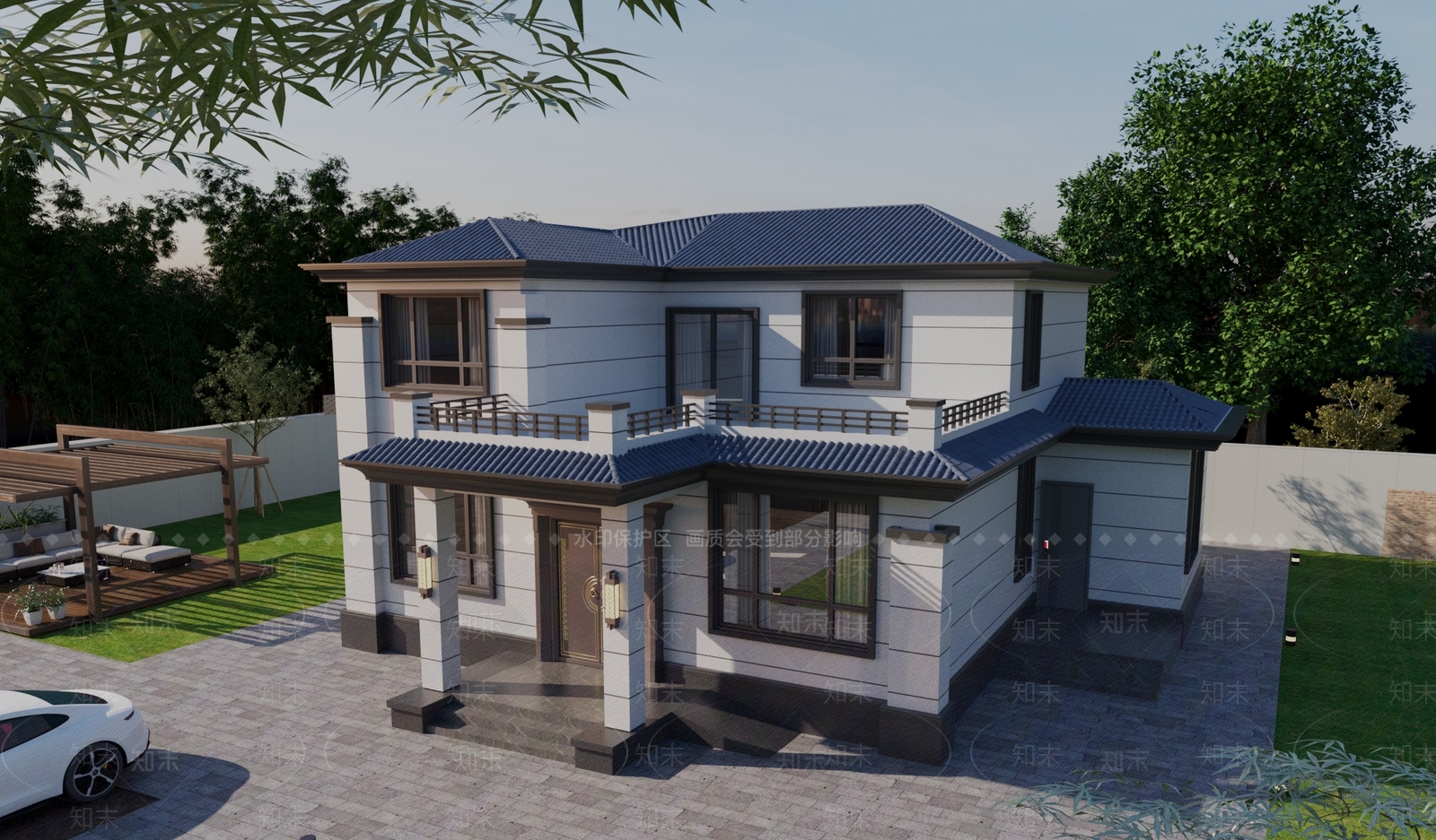 新中式现代别墅外观3D模型下载【ID:1164967676】