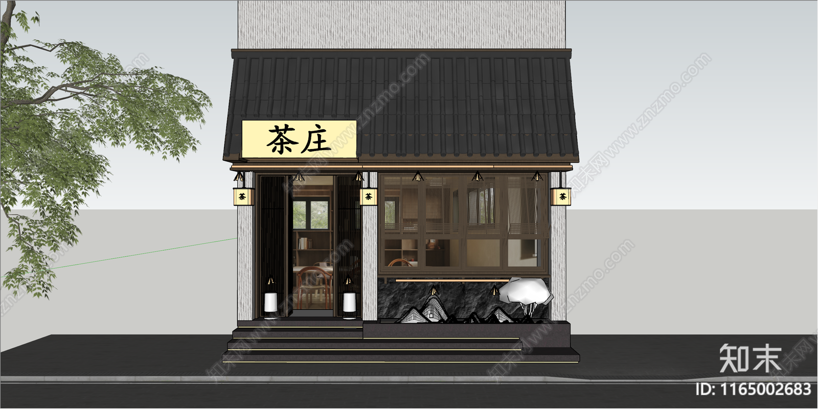 新中式原木其他店铺SU模型下载【ID:1165002683】