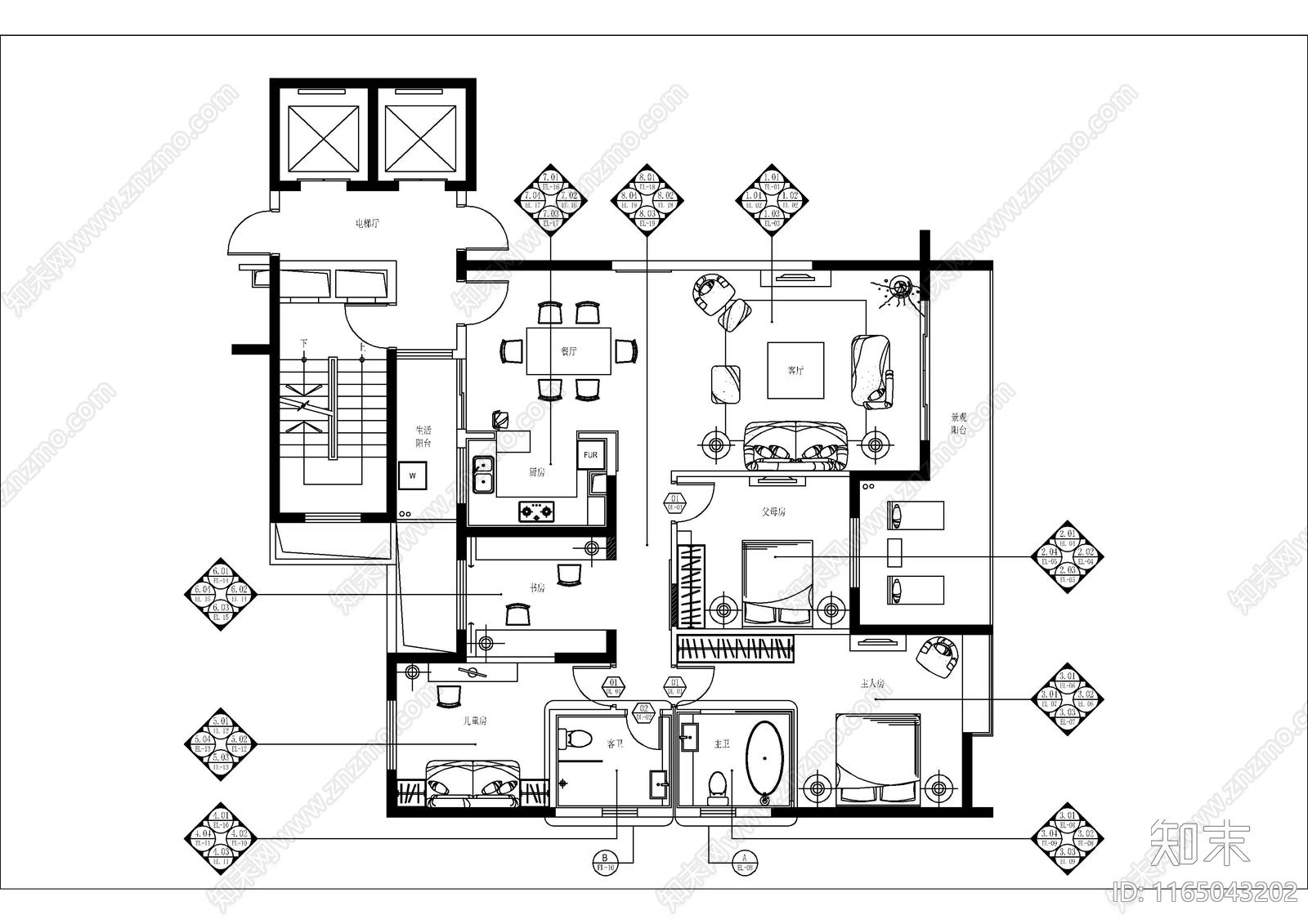 现代整体家装空间cad施工图下载【ID:1165043202】