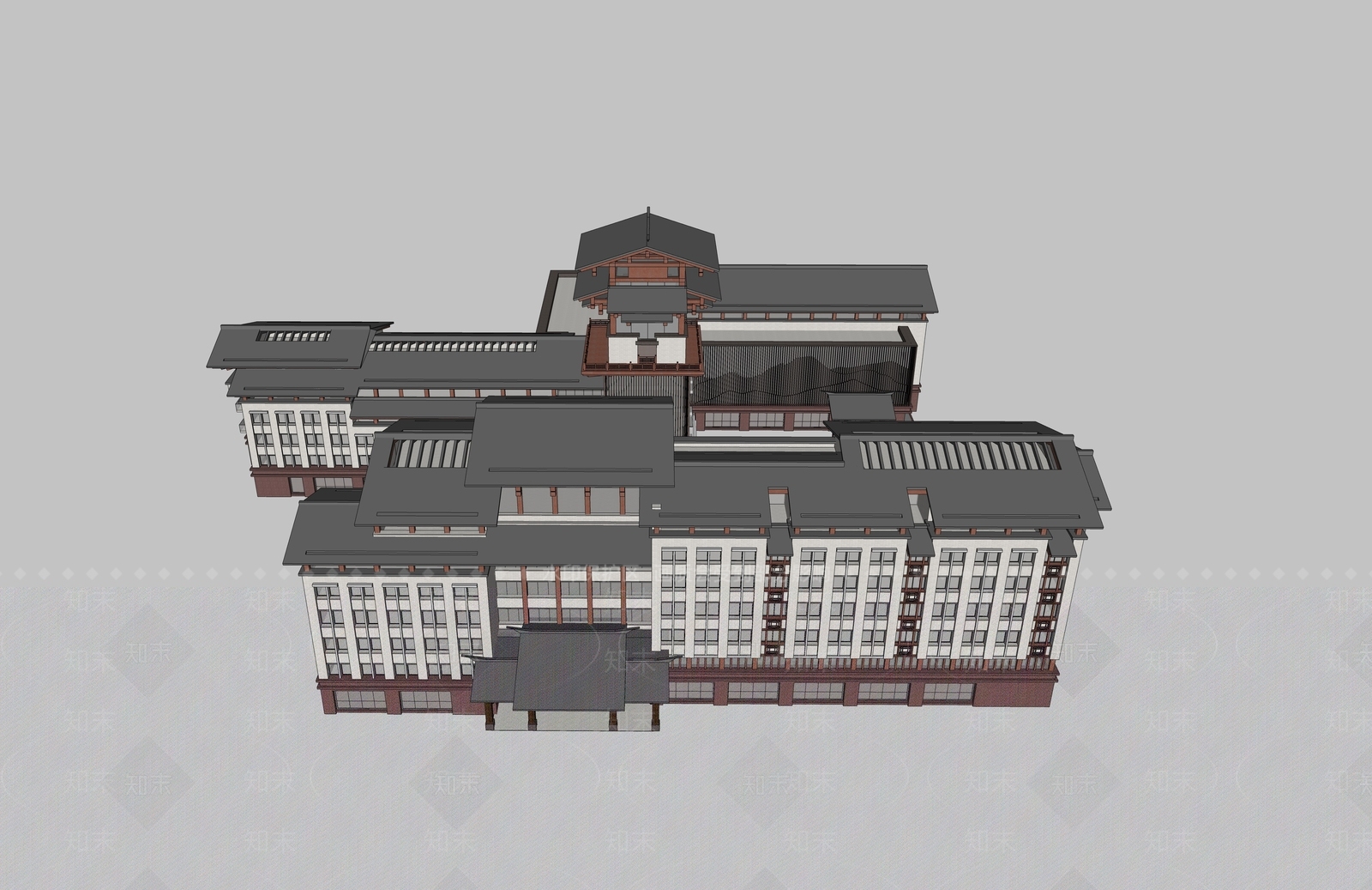中式酒店建筑SU模型下载【ID:1165149031】