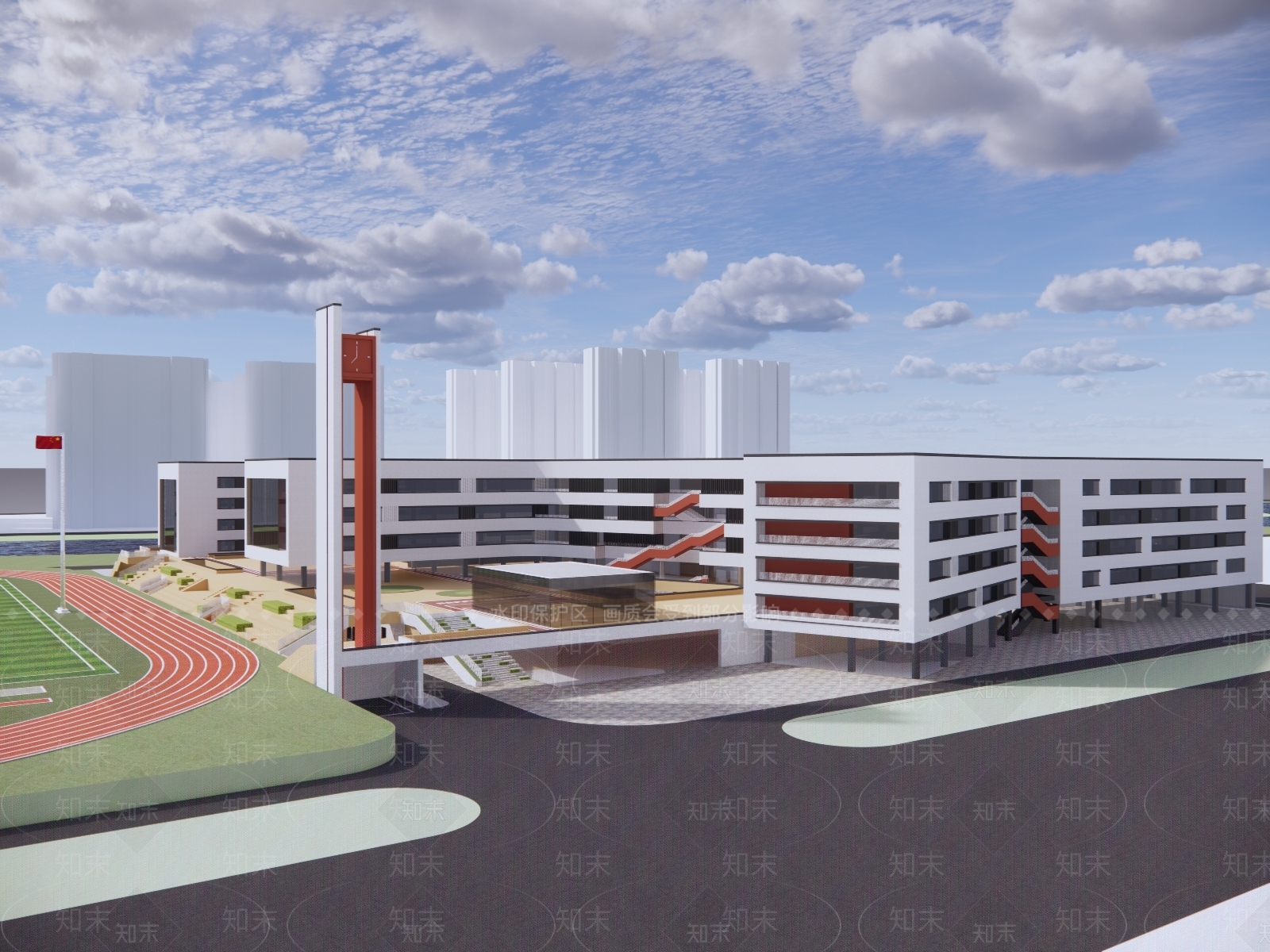 现代学校建筑_教学楼_操场SU模型下载 ID:1165249994_【知末网】