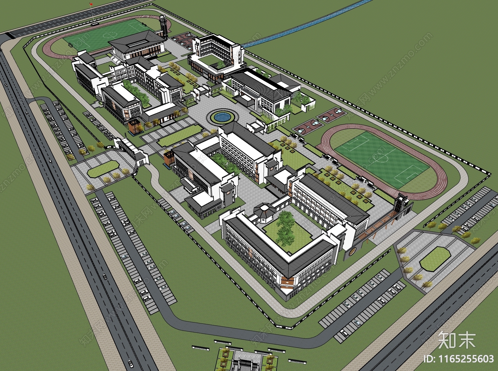 新中式学校建筑SU模型下载【ID:1165255603】