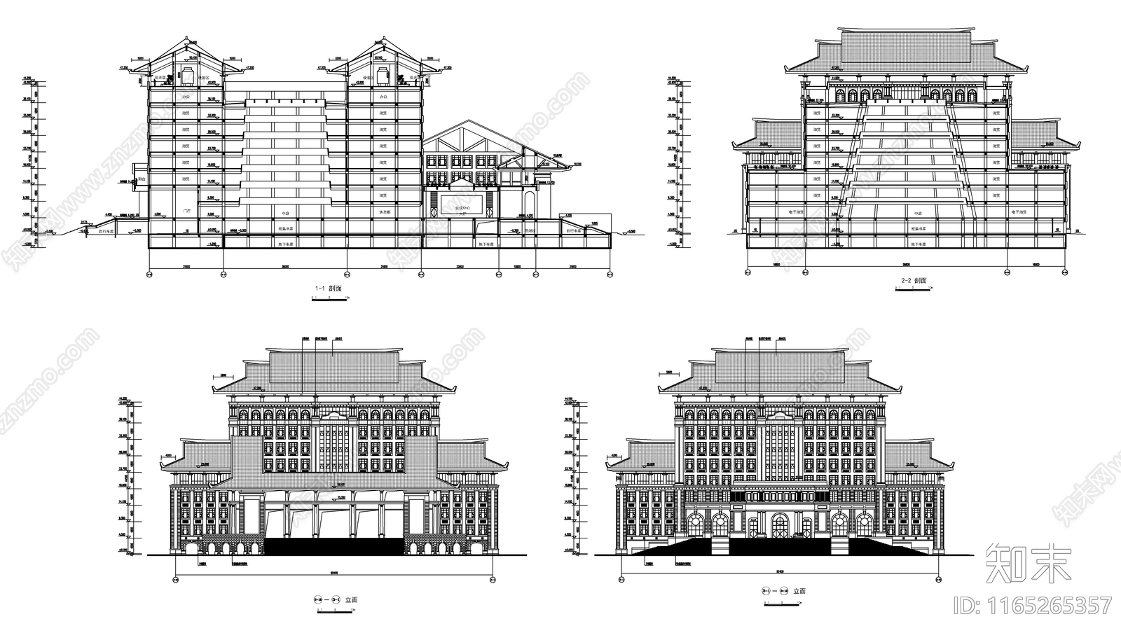 现代新中式图书馆建筑施工图下载【ID:1165265357】